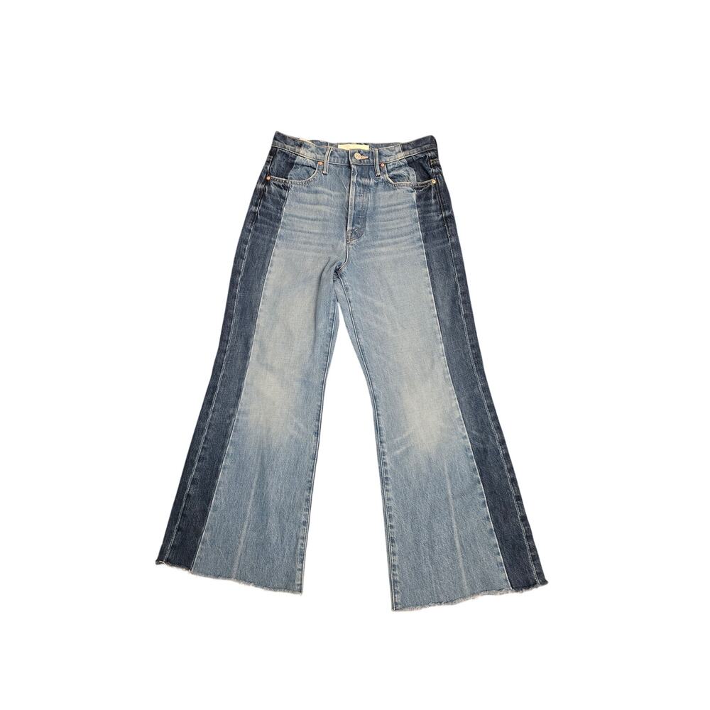 MOTHER Two-Tone Flare Jeans in Light Blue & Dark Blue